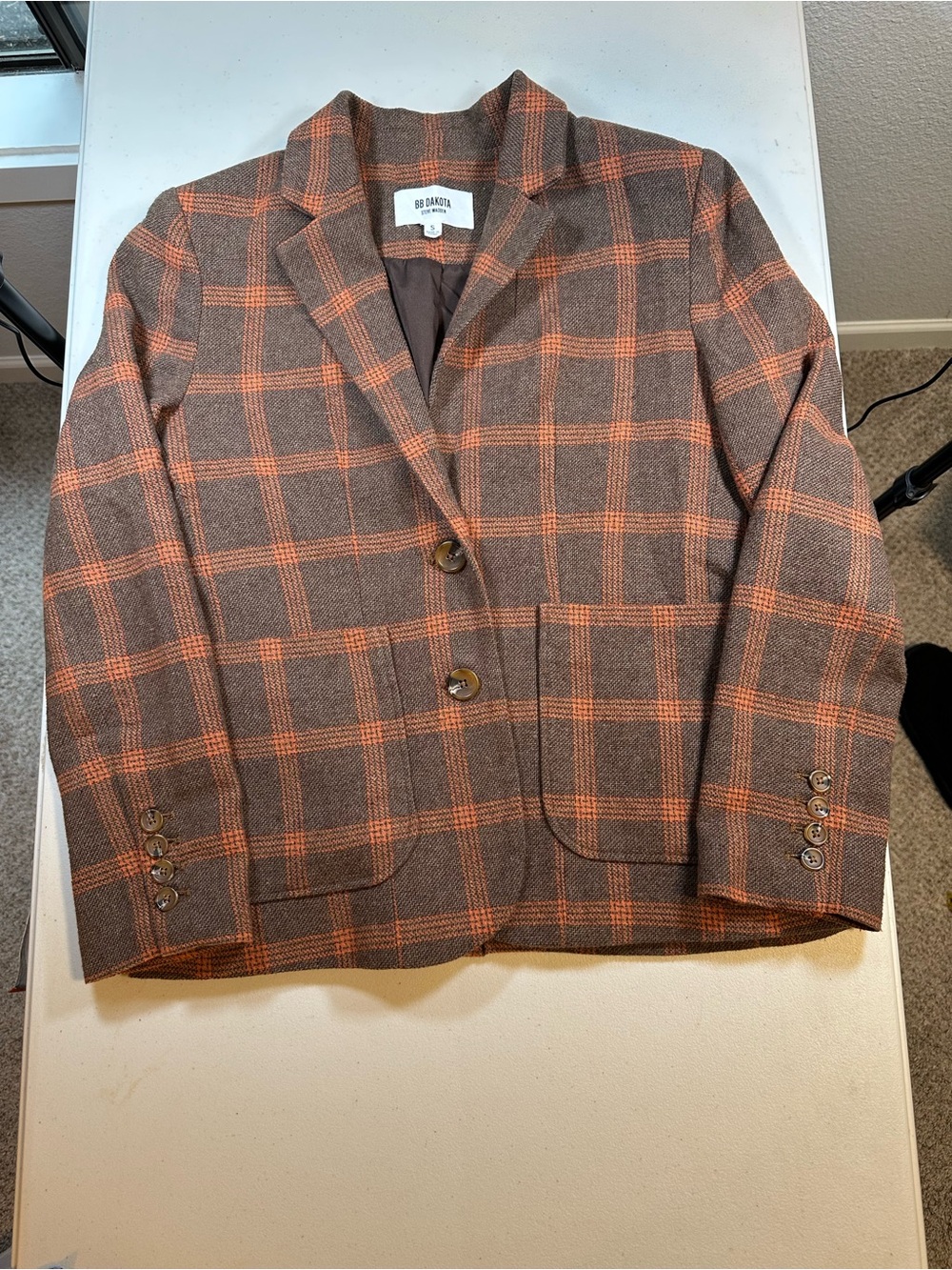 BB Dakota Steve Madden Plaid Blazer Womens S Brown Orange Wool Blend Preppy